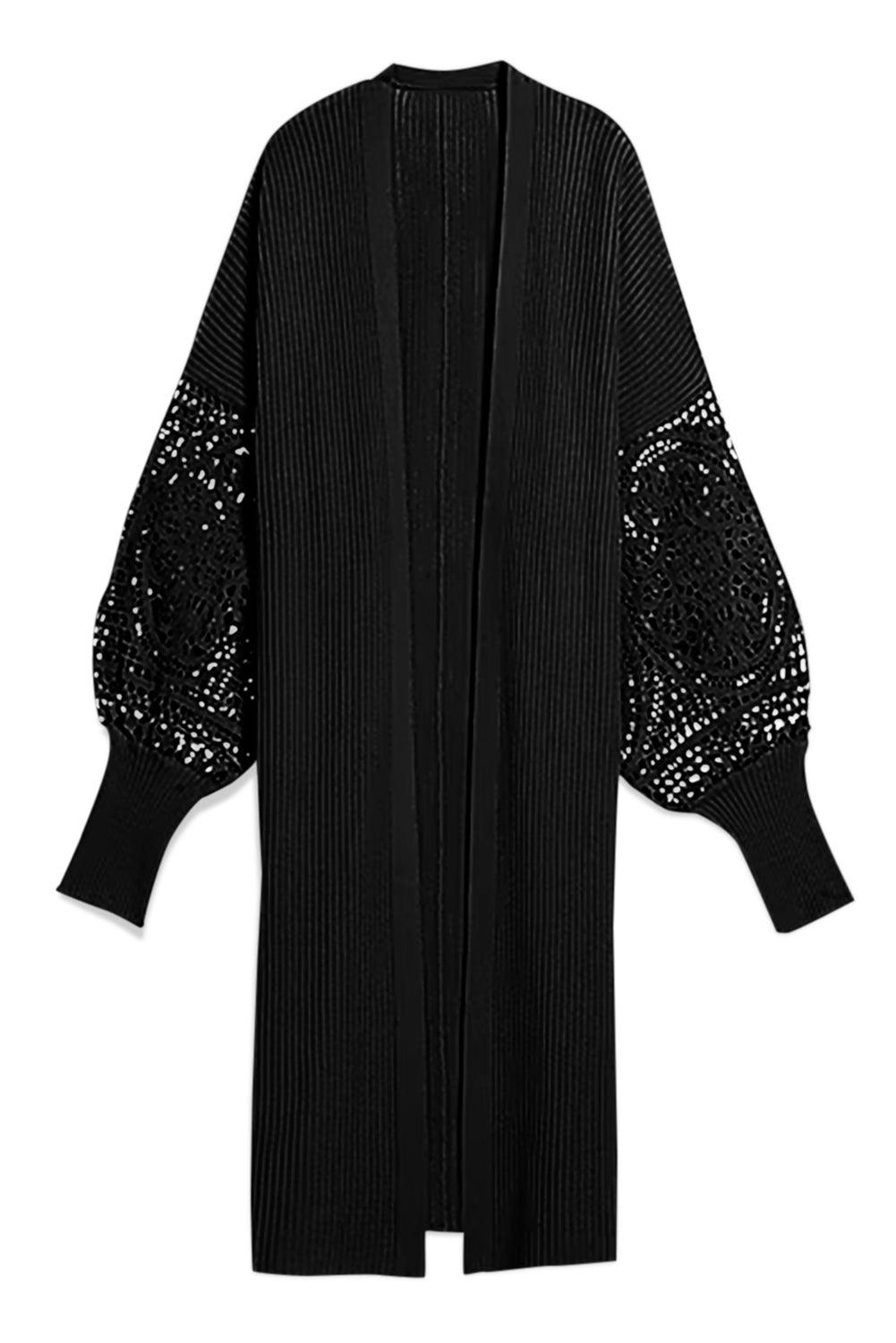 Black Crochet Lace Sleeve Ribbed Knit Cardigan - L & M Kee, LLC