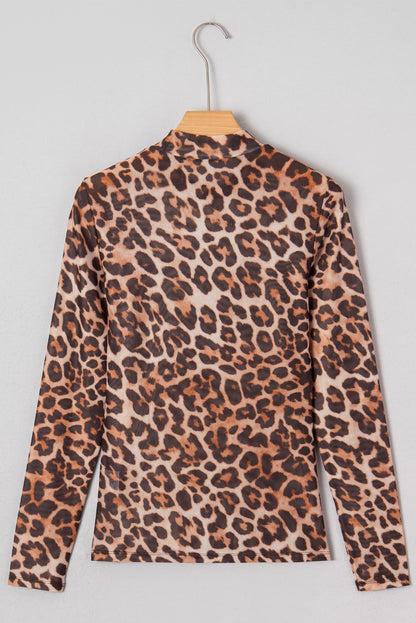 Brown Leopard Mock Neck Long Sleeve Mesh Top