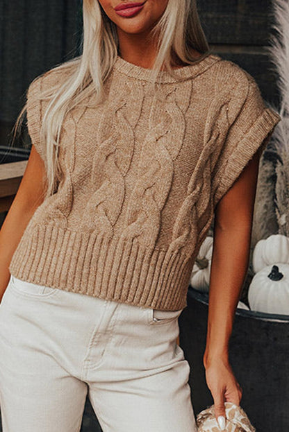 Light French Beige Cap Sleeve Cable Knit Sweater - L & M Kee, LLC