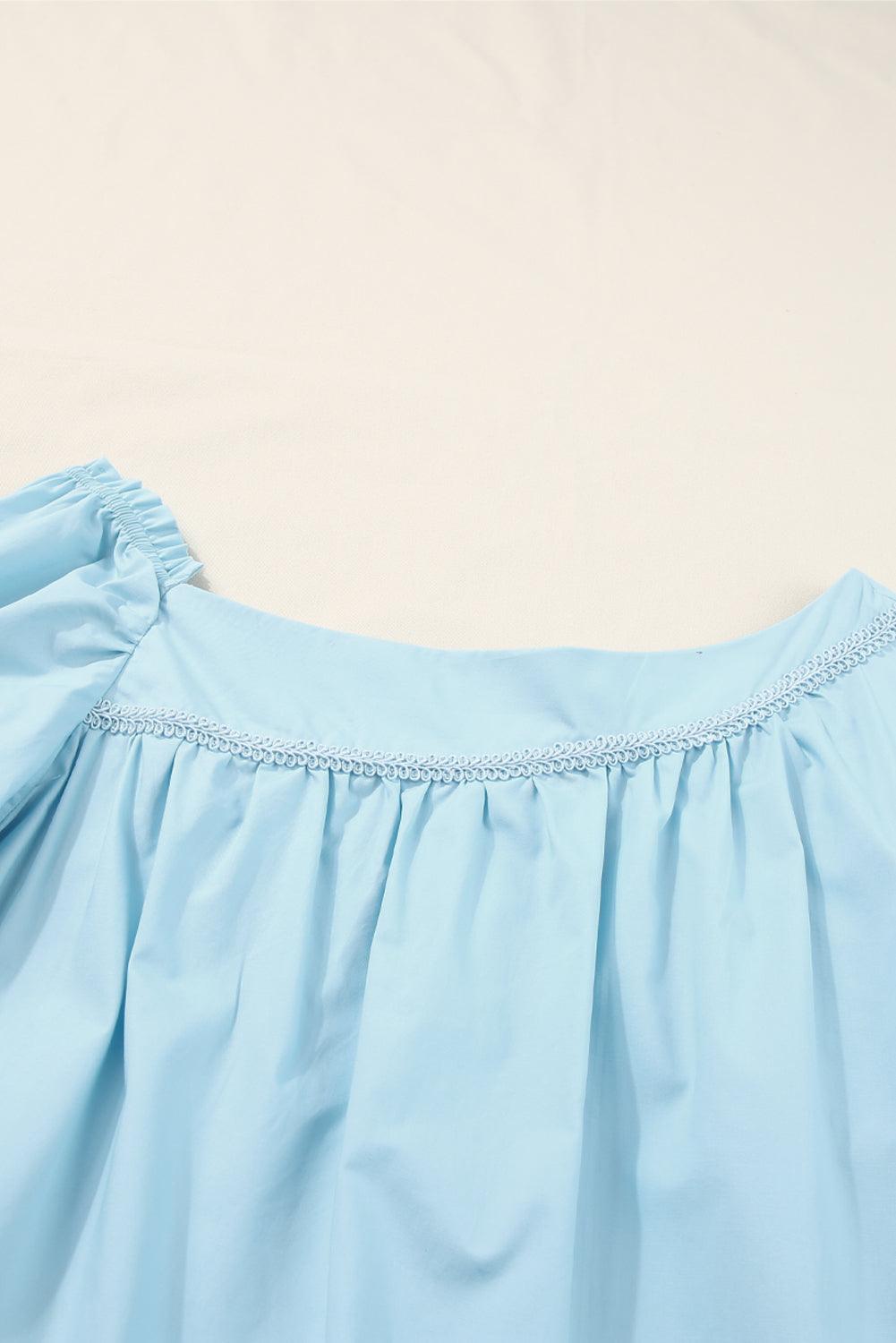 Sky Blue Exquisite Trim Puff Sleeve Asymmetric Swing Mini Dress - L & M Kee, LLC