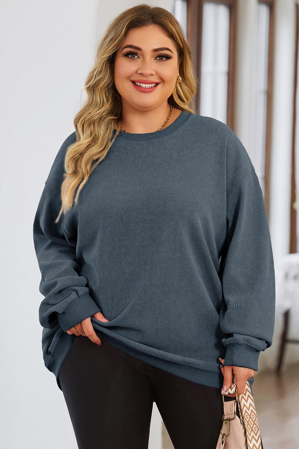 Blue Plus Size Corded Round Neck Sweatshirt - L & M Kee, LLC