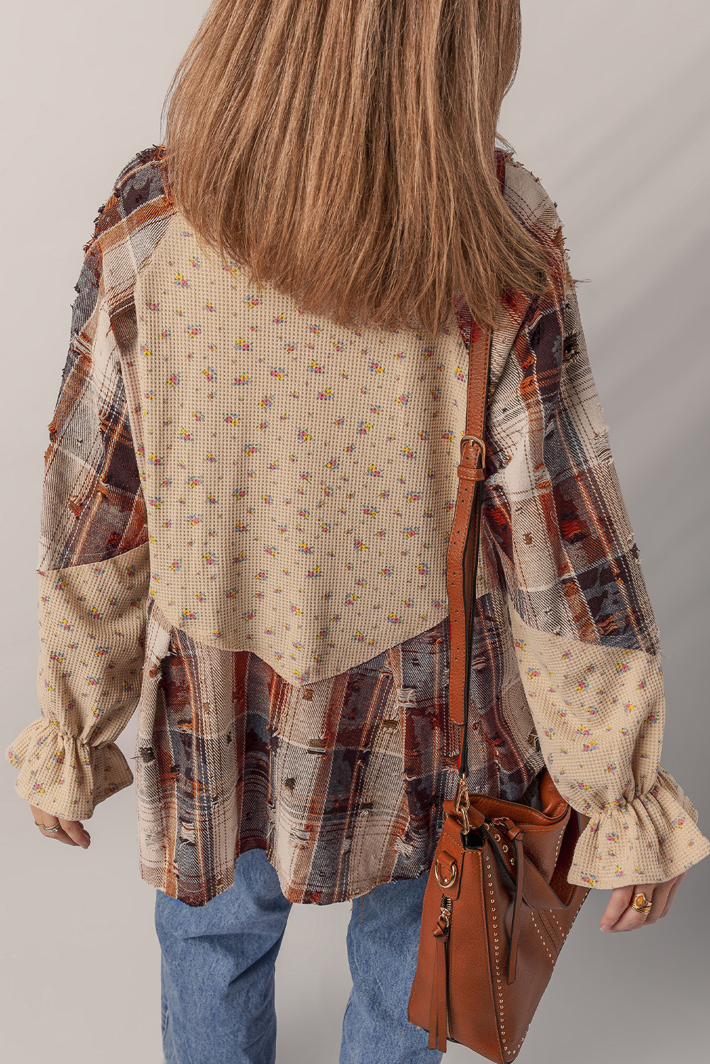 Mist Green Boho Floral Plaid Patchwork Distressed Detail Ruffled Sleeve Waffle Knit Shacket