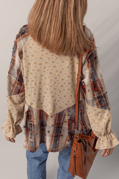 Mist Green Boho Floral Plaid Patchwork Distressed Detail Ruffled Sleeve Waffle Knit Shacket