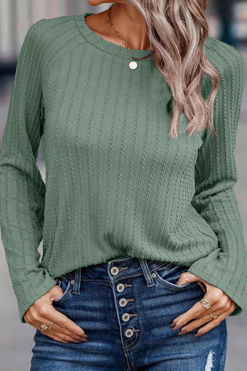 Khaki Ribbed Round Neck Knit Long Sleeve Top - L & M Kee, LLC