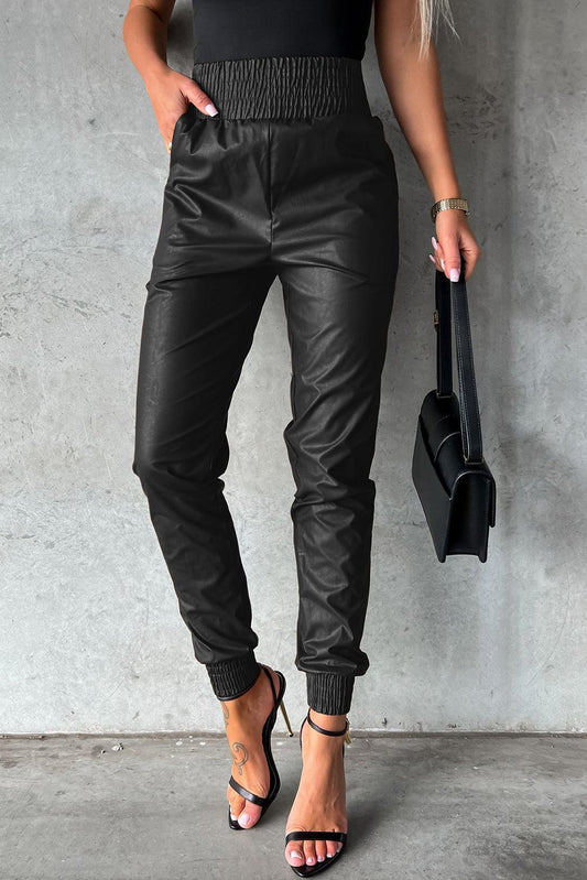 Black Smocked High-Waist Leather Skinny Pants - L & M Kee, LLC