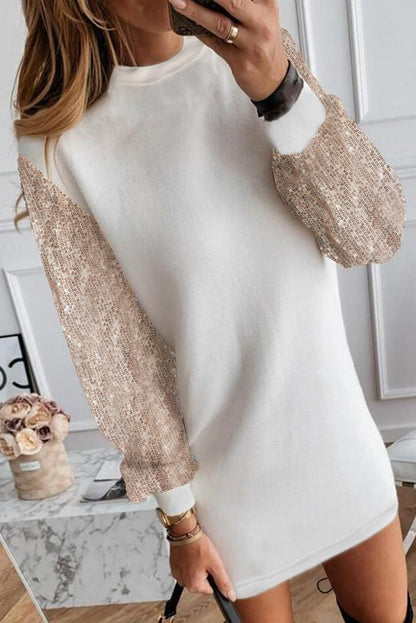 White Sequin Puff Sleeve Shift Mini Dress - L & M Kee, LLC