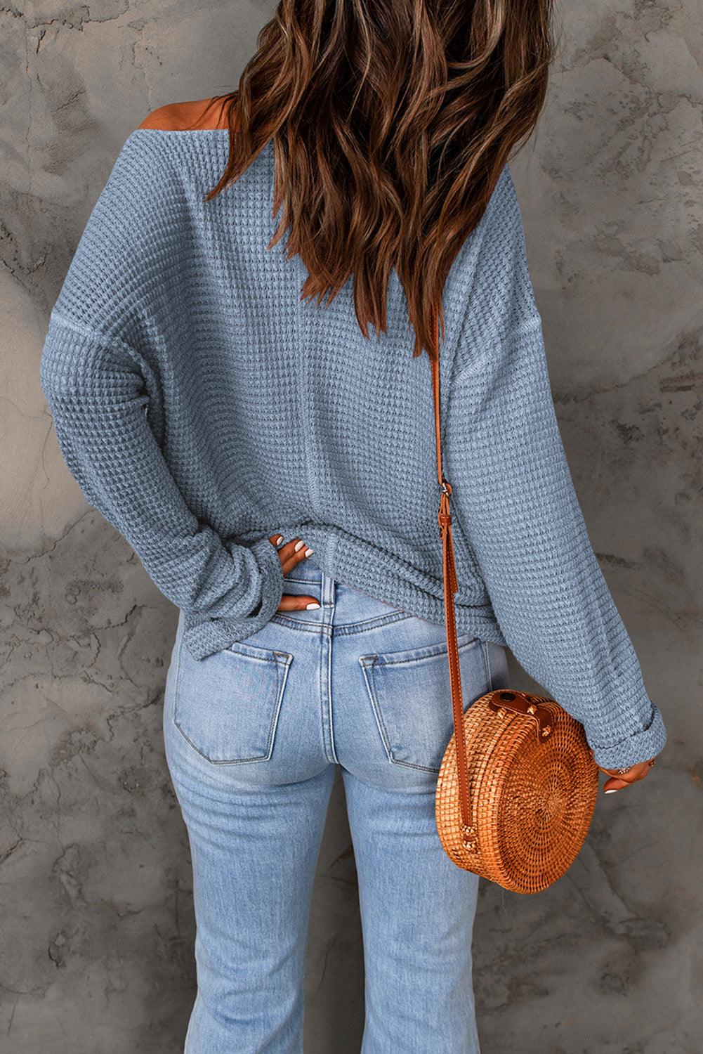 Dusk Blue Waffle Knit Loose Long Sleeve Top - L & M Kee, LLC