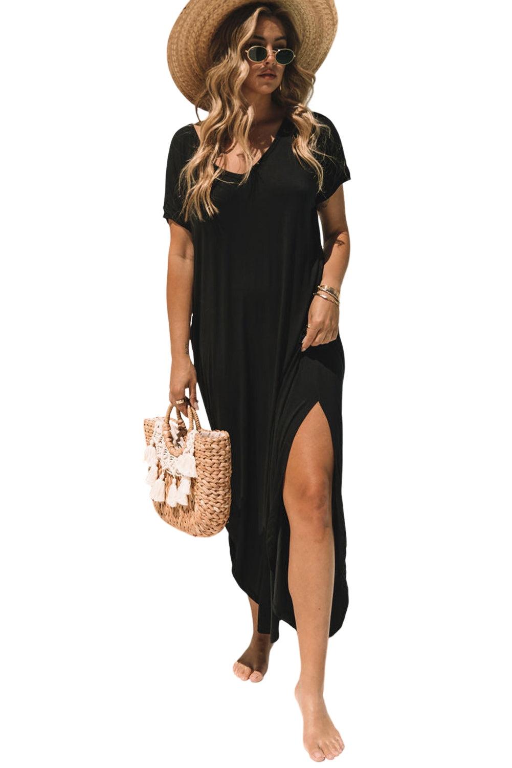 Black V Neck Hidden Pocket Splits Maxi T-shirt Dress - L & M Kee, LLC