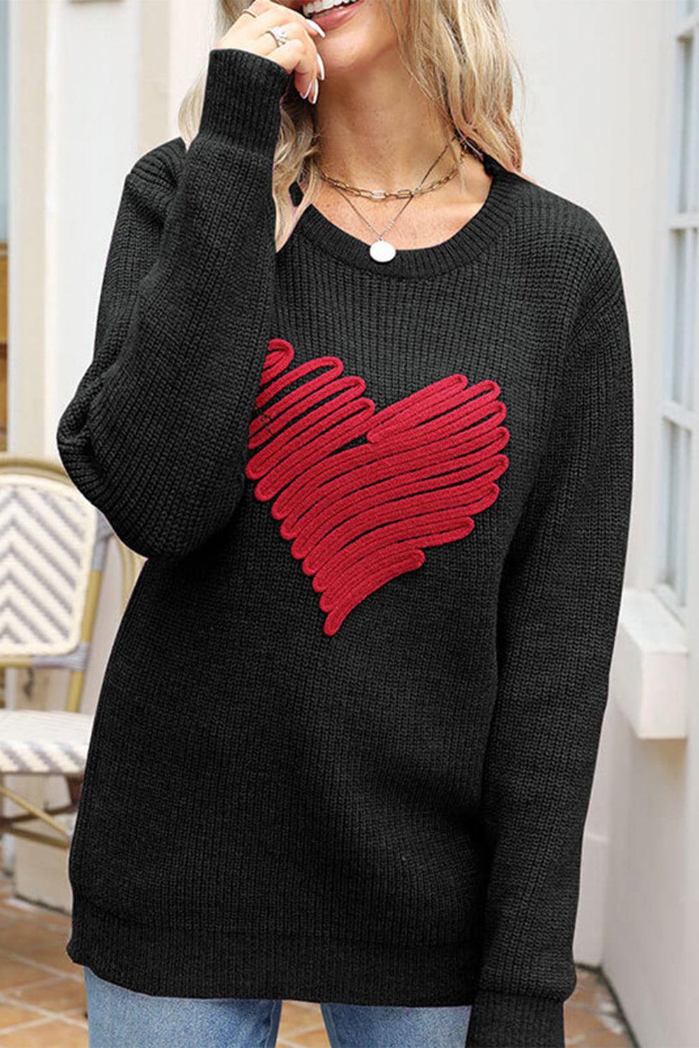 Black Valentines Heart Sketch Round Neck Sweater - L & M Kee, LLC