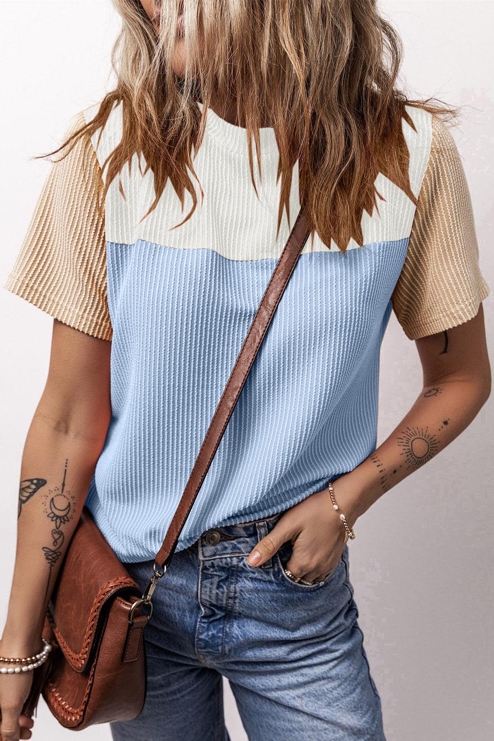 Light Blue Rib Textured Colorblock T Shirt - L & M Kee, LLC