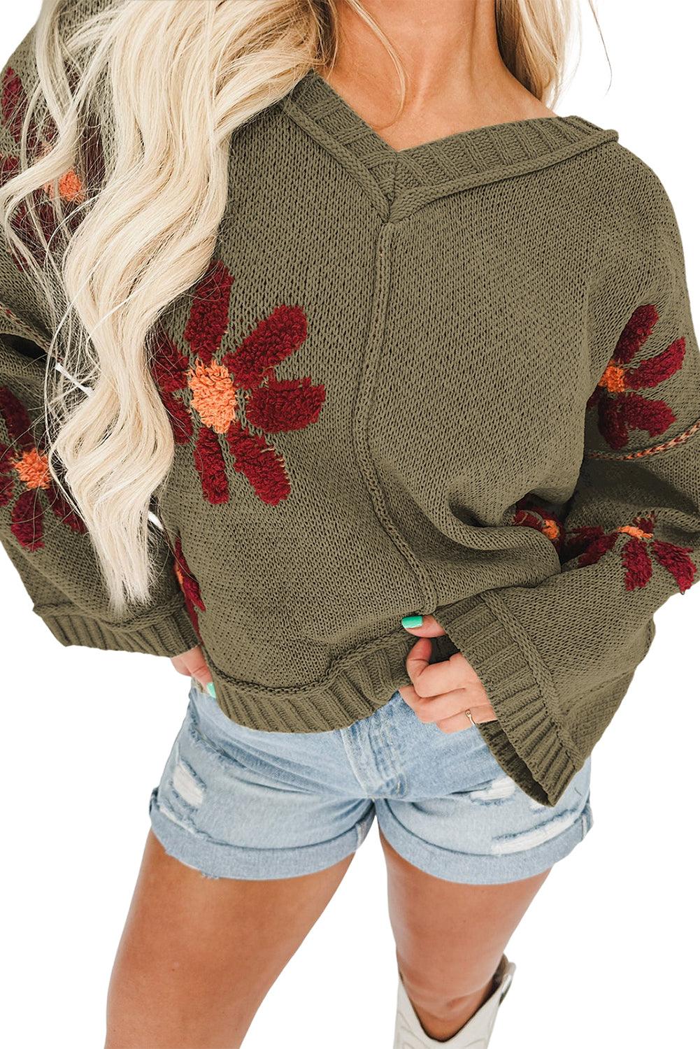 Sage Green Flower Knit Ribbed Trim V Neck Sweater - L & M Kee, LLC