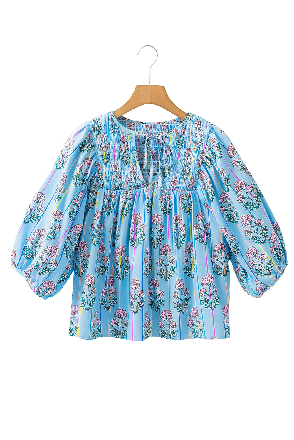 Sky Blue Floral Striped Print Tie Shirred Splie Neck Blouse