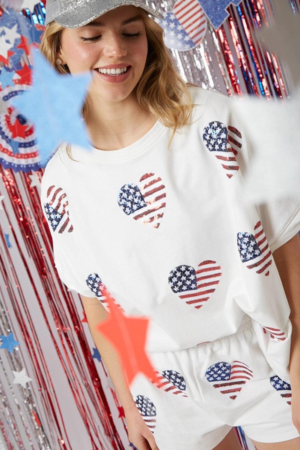 White American Flag Sequin Graphic Loose Top and Short Set - L & M Kee, LLC