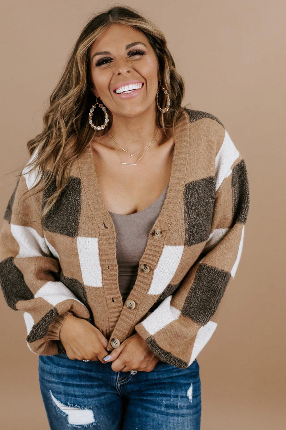 Brown Checkered Knit Ribbed Trim Buttoned Plus Cardigan - L & M Kee, LLC