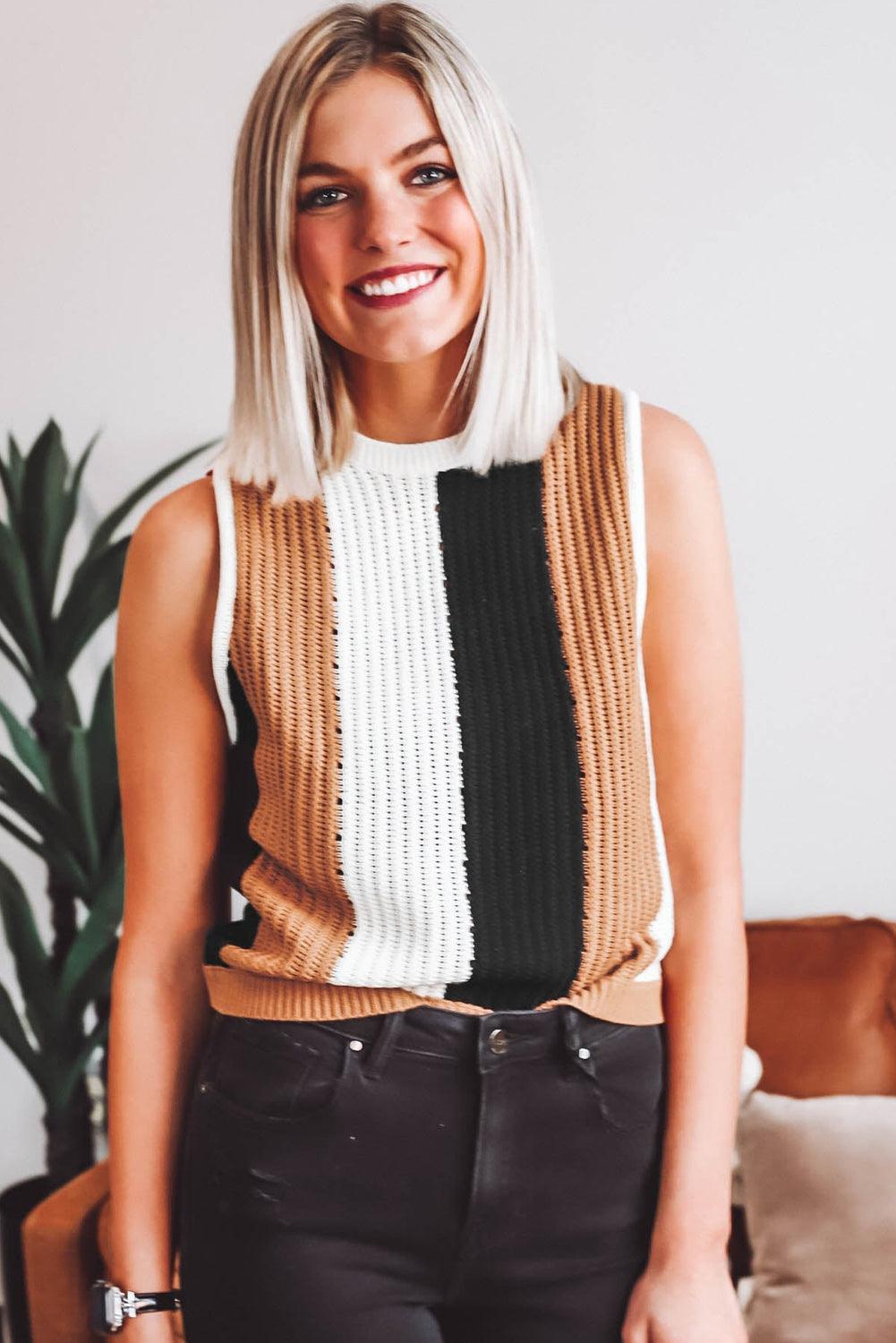 Khaki Stripe Color Block Sleeveless Knitted Sweater Vest - L & M Kee, LLC