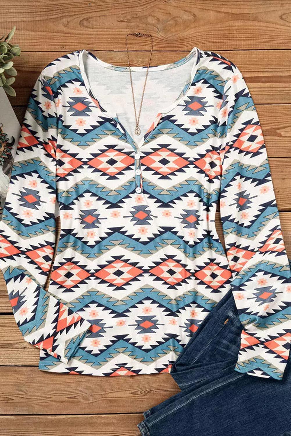 White Aztec Geometric Print Long Sleeve Henley Top - L & M Kee, LLC