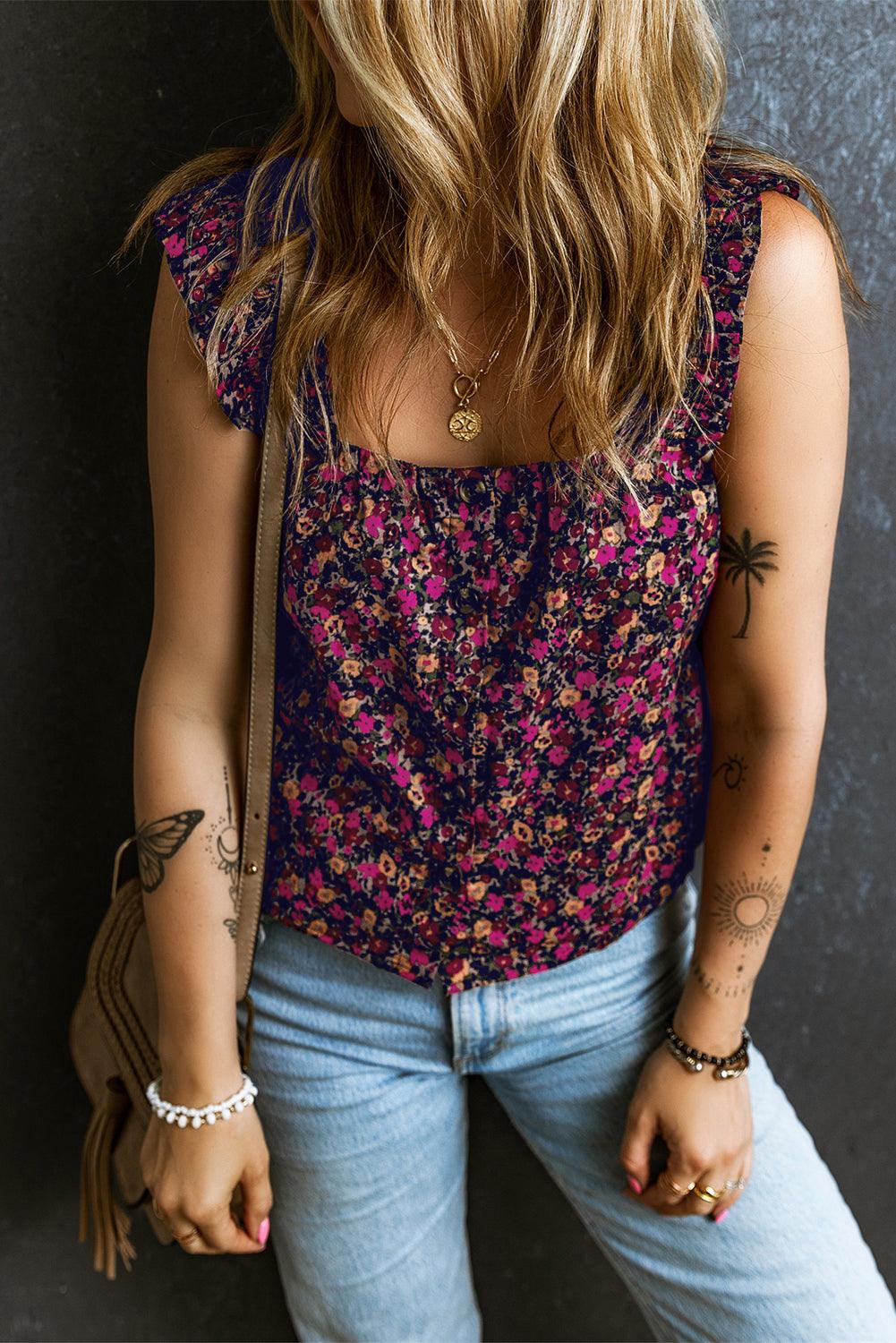 Rose Boho Frilled Straps Floral Tank Top - L & M Kee, LLC