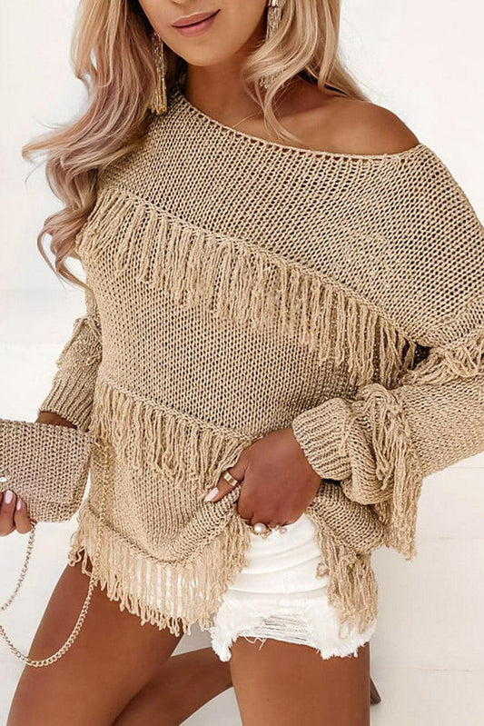 Khaki Boho Tasseled Knitted Sweater - L & M Kee, LLC