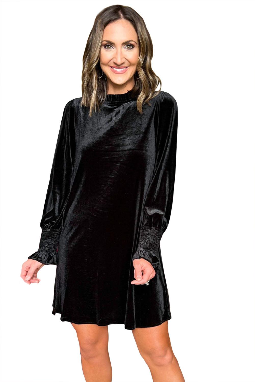 Black Velvet Frill Neck Long Sleeve Shift Dress - L & M Kee, LLC