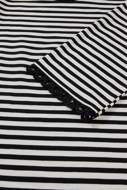 Black Striped Print Drop Shoulder Lace Trim Bracelet Sleeve Loose Top