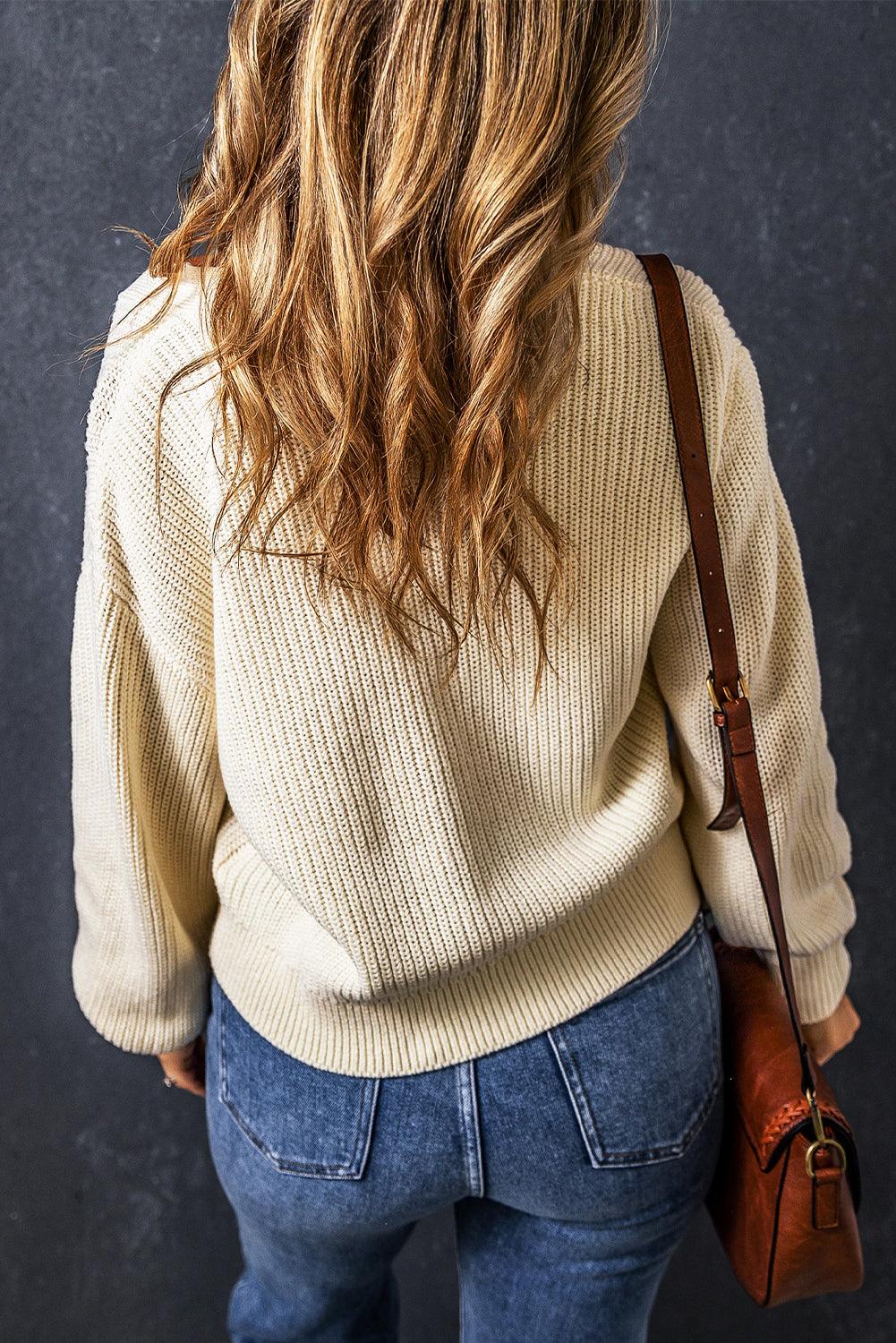 Beige Plain Knitted Buttoned V Neck Cardigan - L & M Kee, LLC