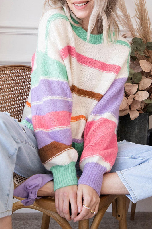 Multicolor Striped Colorblock Drop Shoulder Sweater - L & M Kee, LLC