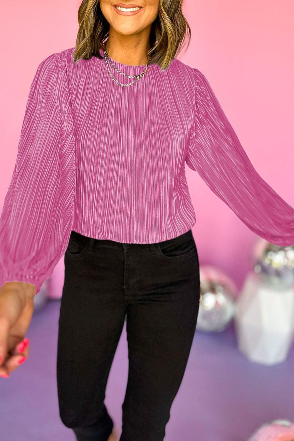 Bonbon Pleated Luster Long Sleeve Blouse - L & M Kee, LLC