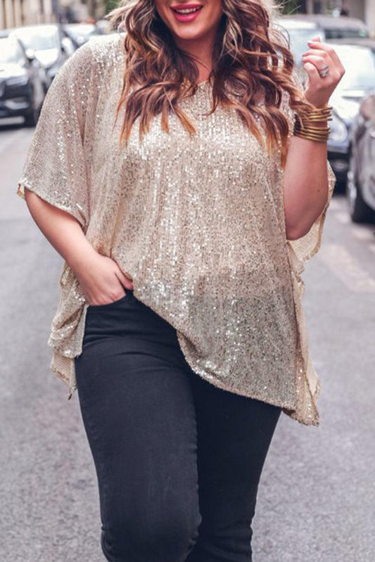 Apricot Plus Size Sequined V Neck Boxy Top - L & M Kee, LLC