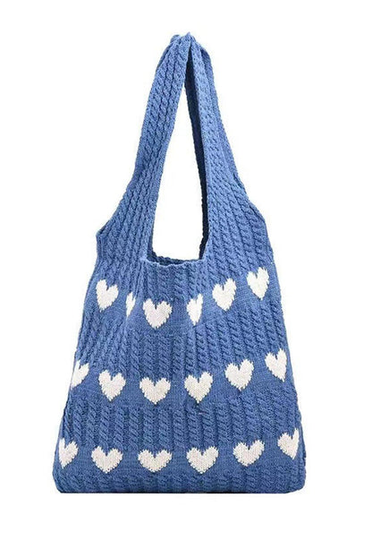 Blue Heart Pattern Knit Large Shoulder Bag - L & M Kee, LLC