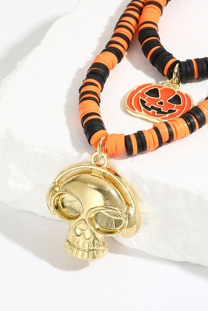 Russet Orange Skull Pumpkin Face Pendant Layered Beaded Halloween Necklace