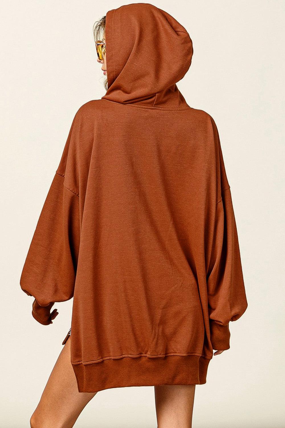 Chestnut V Neck Kangaroo Pocket Oversized Hoodie - L & M Kee, LLC