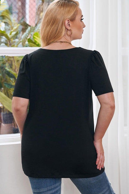 Black Plus Size Square Neck Ruched Shoulder Short Sleeve Top - L & M Kee, LLC