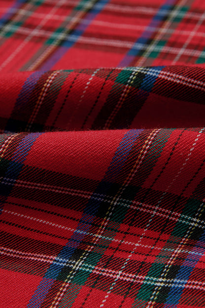 Red Tartan Plaid Square Neck Puff Sleeve Knot Waist Flared Midi Dress