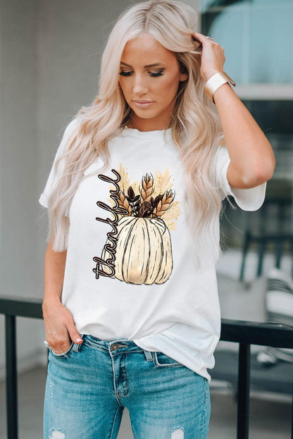 White Harvest Pumpkin Graphic Thanksgiving Tee - L & M Kee, LLC