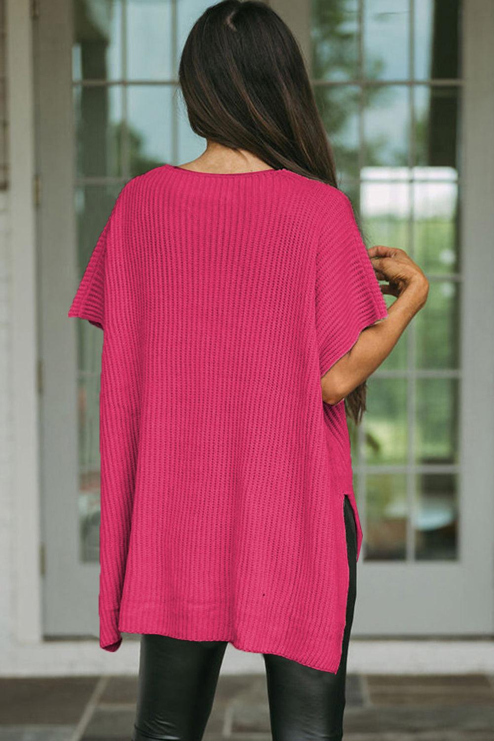 Rose Red Short Sleeve Side Slit Oversized Sweater - L & M Kee, LLC