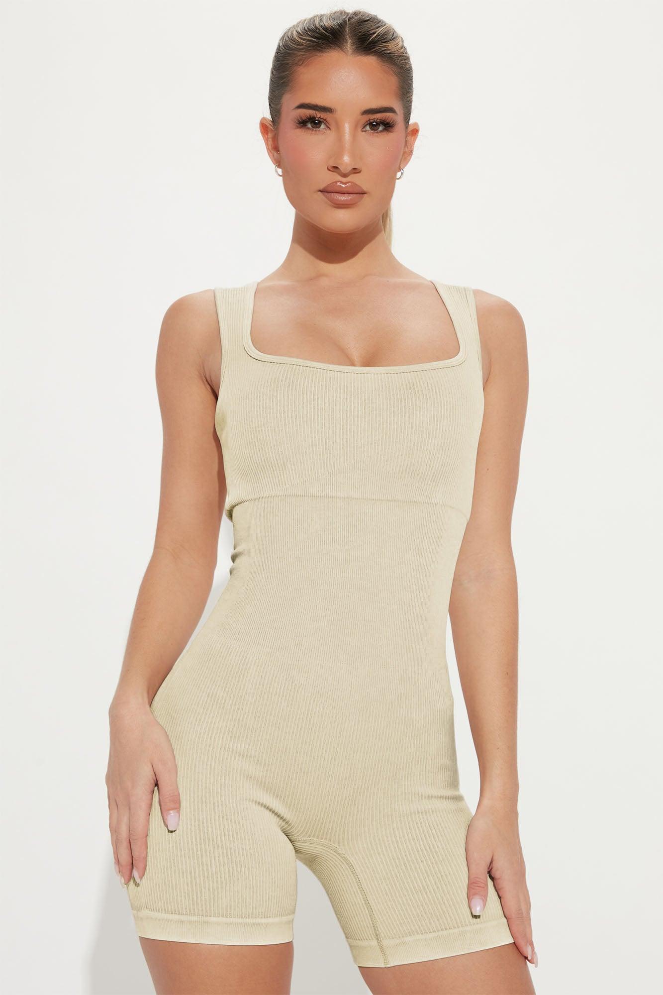 Gray Ribbed Square Neck Padded Sports Romper - L & M Kee, LLC