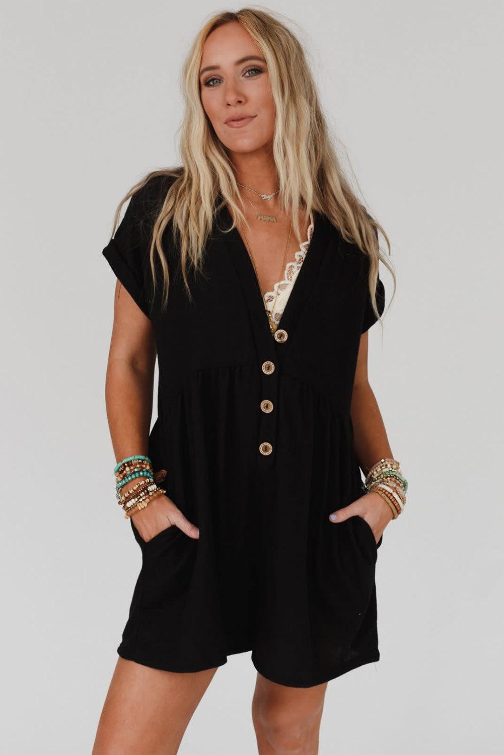 Black V Neck Buttons Loose Cuffed Short Sleeve Romper - L & M Kee, LLC