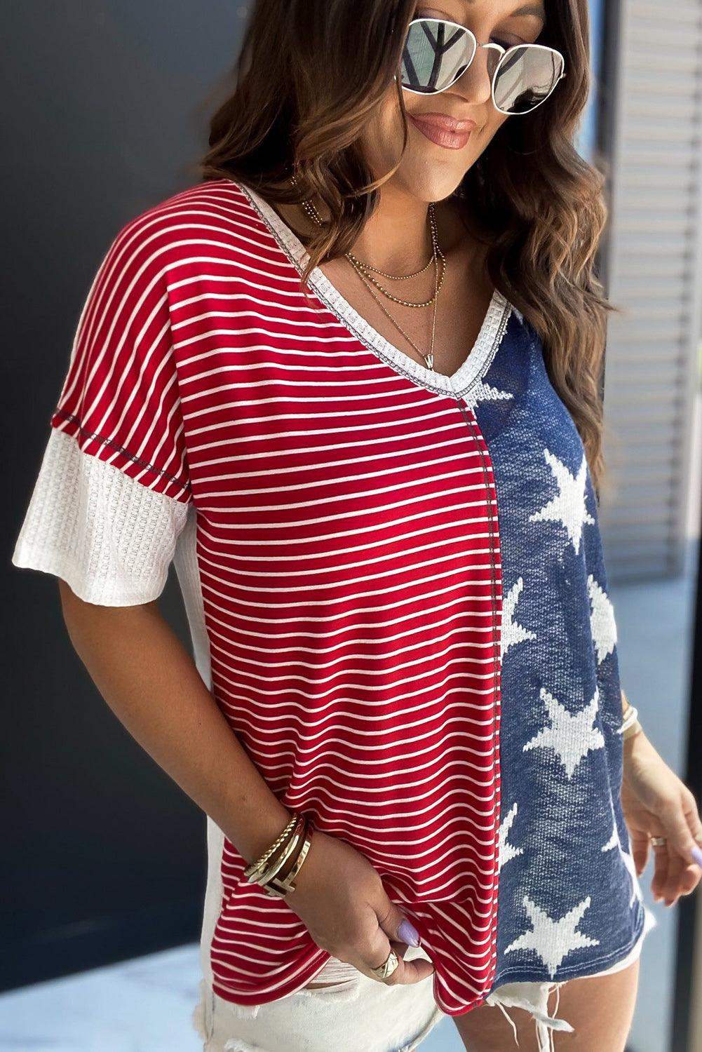 Multicolor Stripes Stars Print Knit Short Sleeves Top - L & M Kee, LLC