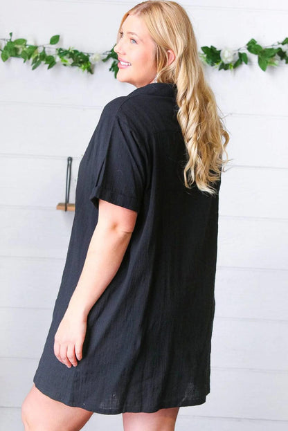 Black Plus Size Shirt Collar Buttoned Short Sleeve Shift Dress - L & M Kee, LLC