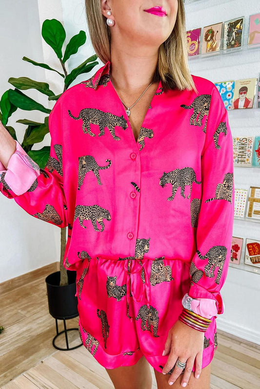 Strawberry Pink Cheetah Print Satin Shirt and Shorts Lounge Set - L & M Kee, LLC