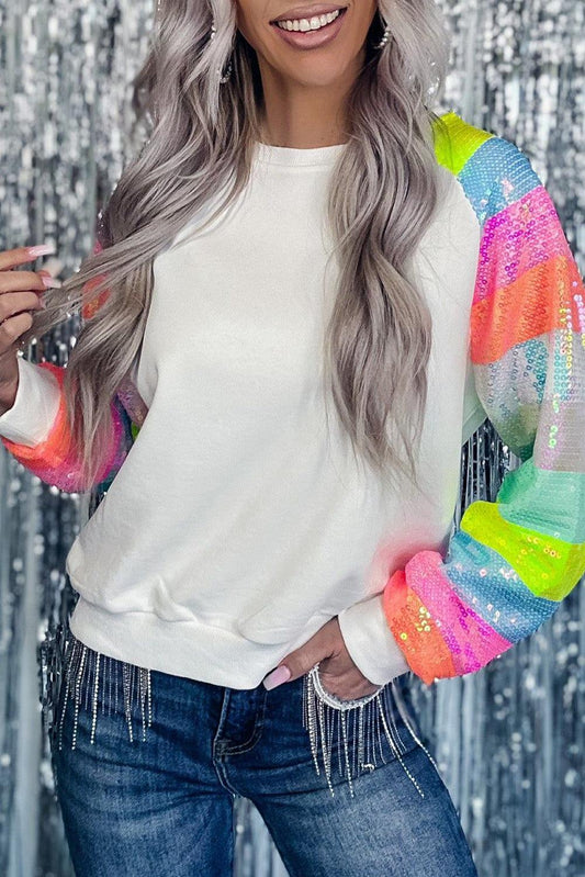 White Sequin Color Block Raglan Sleeve Pullover Sweatshirt - L & M Kee, LLC