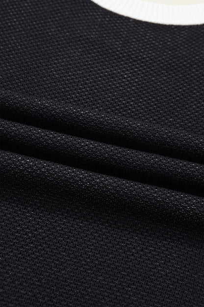 Black Horse Shoe Pattern Contrast Trim Short Sleeve Sweater