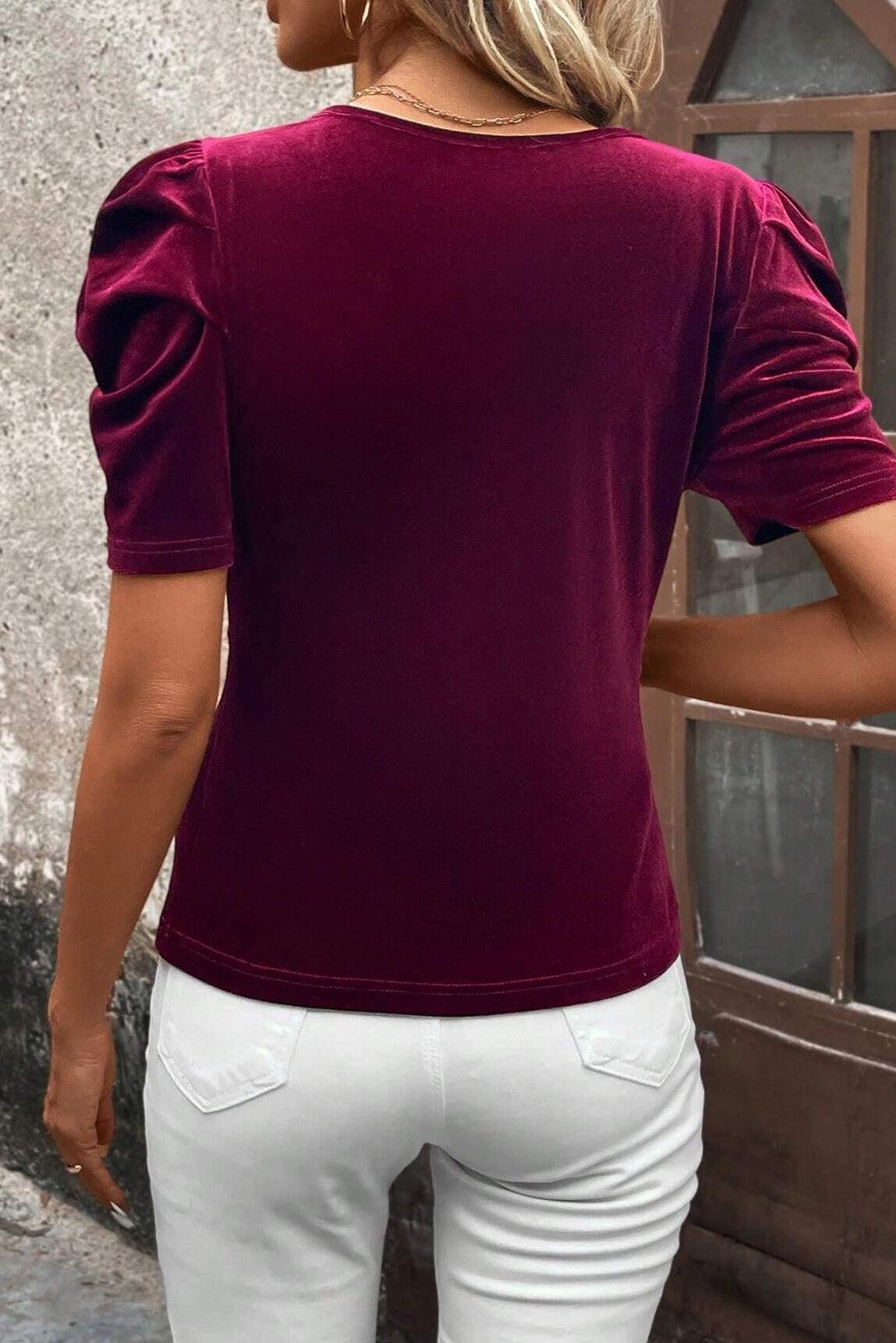 Burgundy Short Puff Sleeve Velvet Top - L & M Kee, LLC