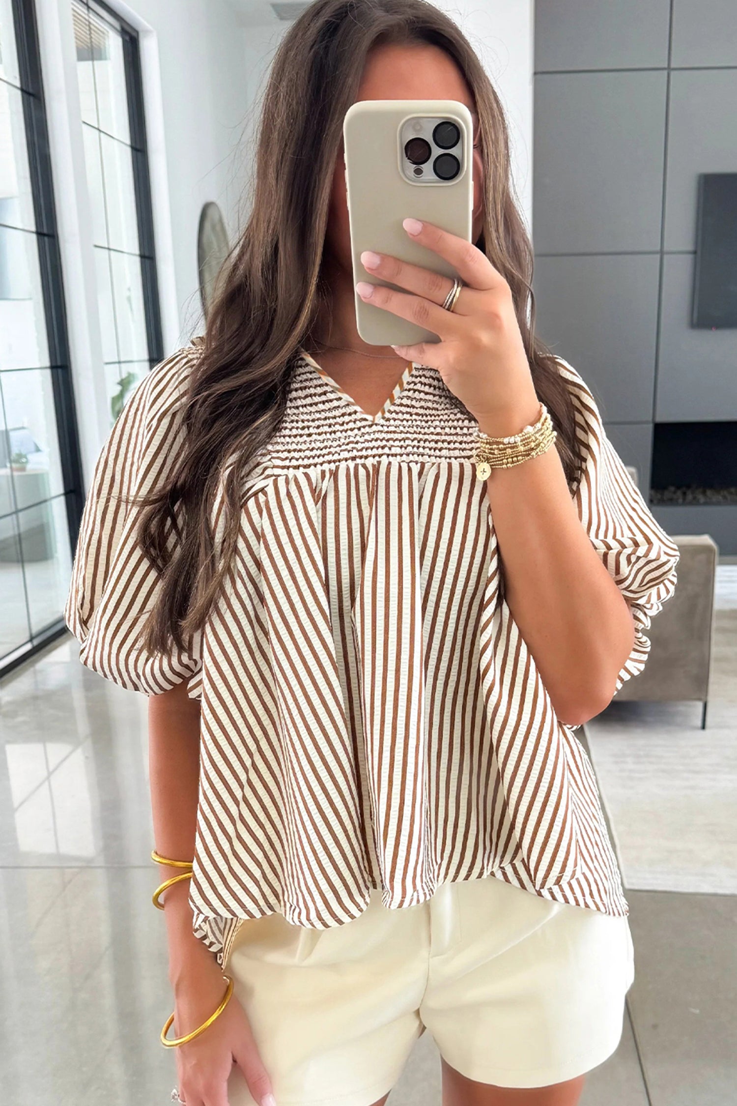 Brown Stripe Shirred V Neck Short Puff Sleeve Blouse