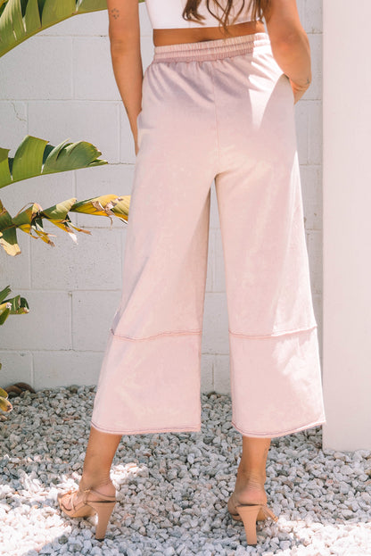 Light Grey Flower Patch Mineral Washed Terry Knit Cropped Wide Leg Pants
