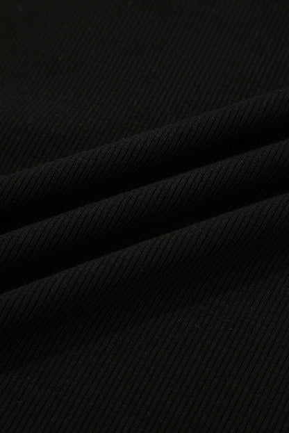 Black Ribbed Knit Lettuce Trim High Neck Long Sleeve Top