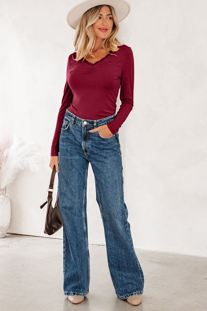 Smoke Gray Lace-trimmed Sweetheart Neckline Ruched Detail Long Sleeve T-shirt