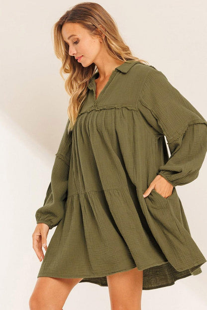 Green Frayed Trim Split Neck Puff Sleeve Flared Dress - L & M Kee, LLC