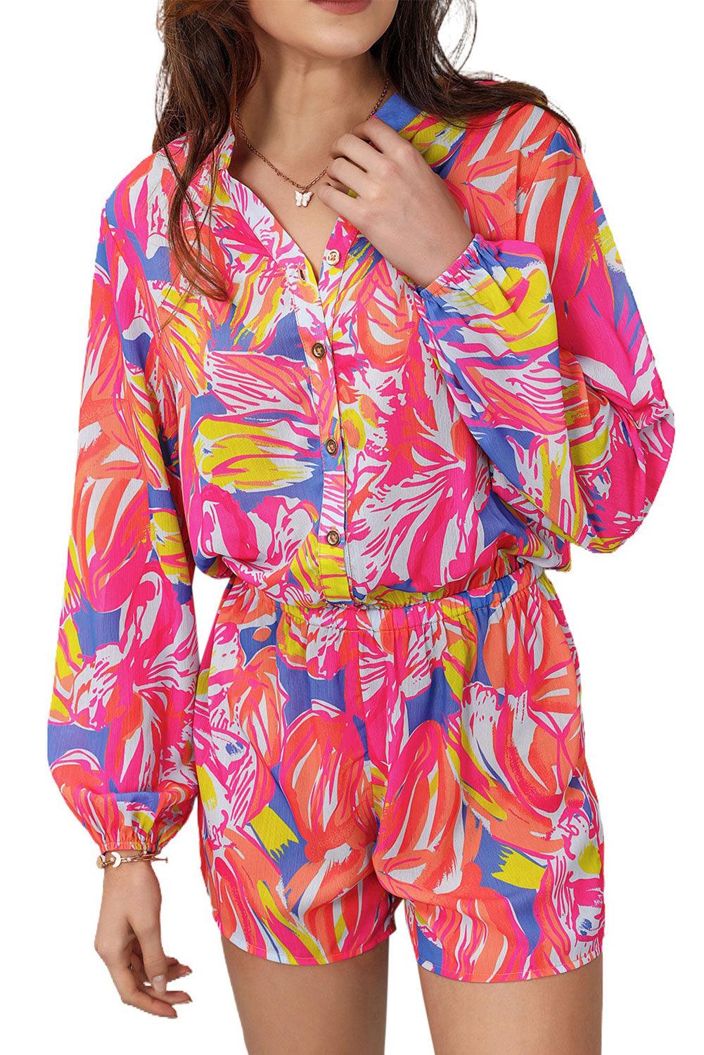 Multicolor Bold Graffiti Print Shirt Button Romper - L & M Kee, LLC