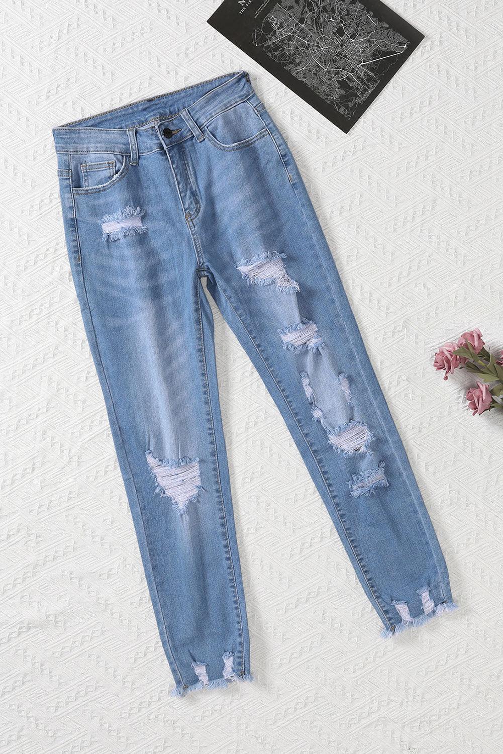 Light Blue Distressed Boyfriend Denim Pants - L & M Kee, LLC